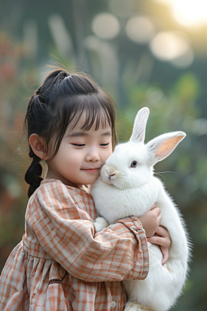 儿童和兔子肖像高清乡村摄影图