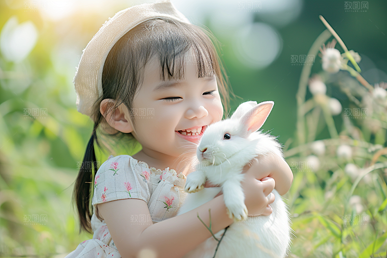 儿童和兔子肖像童年童趣摄影图
