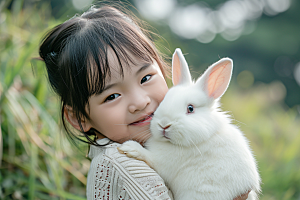 儿童和兔子肖像乡村可爱摄影图