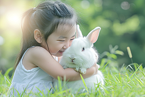 儿童和兔子肖像童趣清新摄影图