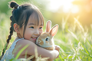 儿童和兔子肖像可爱高清摄影图