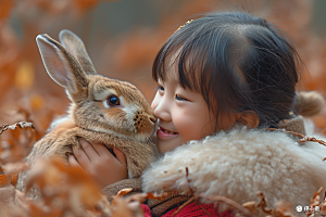 儿童和兔子肖像温馨高清摄影图