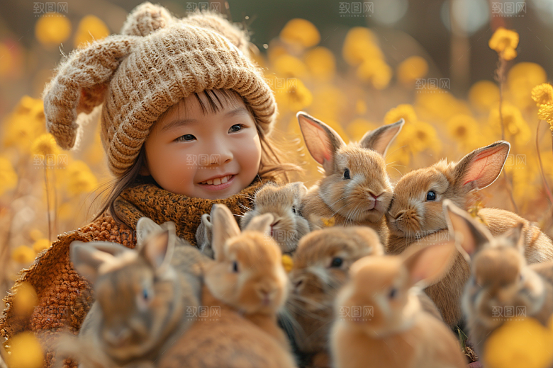 儿童和兔子肖像童年可爱摄影图