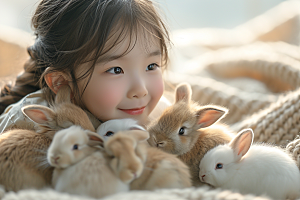 儿童和兔子肖像童年乡村摄影图