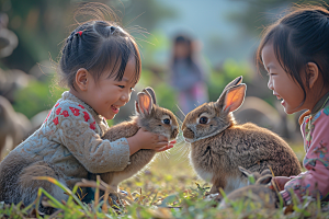 儿童和兔子肖像高清可爱摄影图