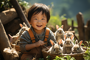 儿童和兔子肖像清新可爱摄影图