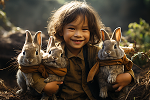 儿童和兔子肖像乡村童趣摄影图