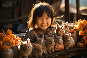 儿童和兔子肖像可爱乡村摄影图