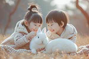 儿童和兔子肖像童年清新摄影图
