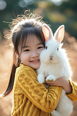 儿童和兔子肖像乡村童年摄影图