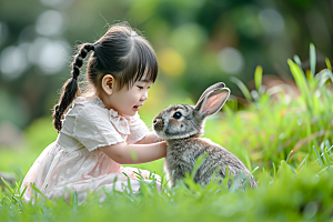 儿童和兔子肖像童趣温馨摄影图