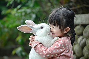 儿童和兔子肖像乡村清新摄影图