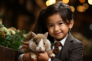儿童和兔子肖像童趣可爱摄影图