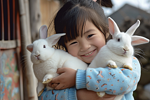 儿童和兔子肖像温馨童年摄影图