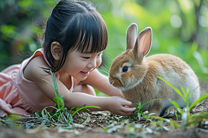 儿童和兔子肖像童趣可爱摄影图