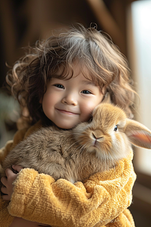 儿童和兔子肖像童趣童年摄影图