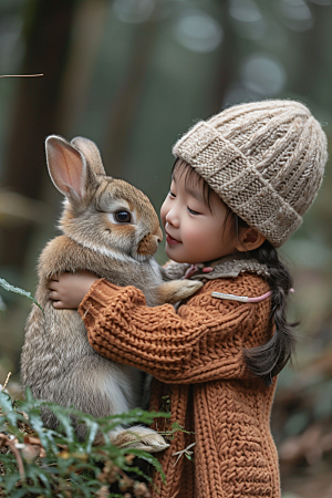 儿童和兔子肖像乡村温馨摄影图