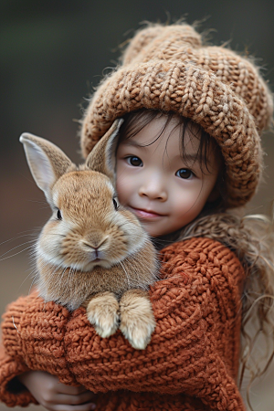 儿童和兔子肖像童年乡村摄影图