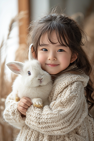 儿童和兔子肖像清新温馨摄影图
