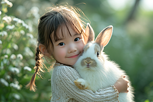 儿童和兔子肖像高清童年摄影图
