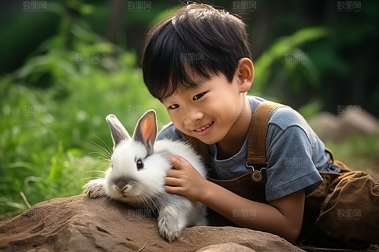儿童和兔子肖像童趣温馨摄影图