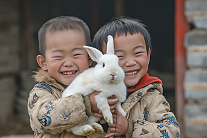 儿童和兔子肖像乡村童年摄影图