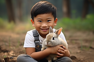 儿童和兔子肖像可爱童年摄影图