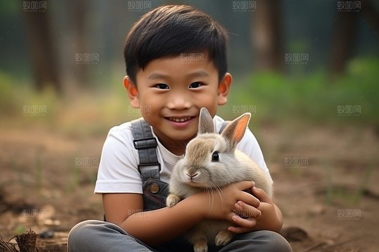 儿童和兔子肖像可爱童年摄影图