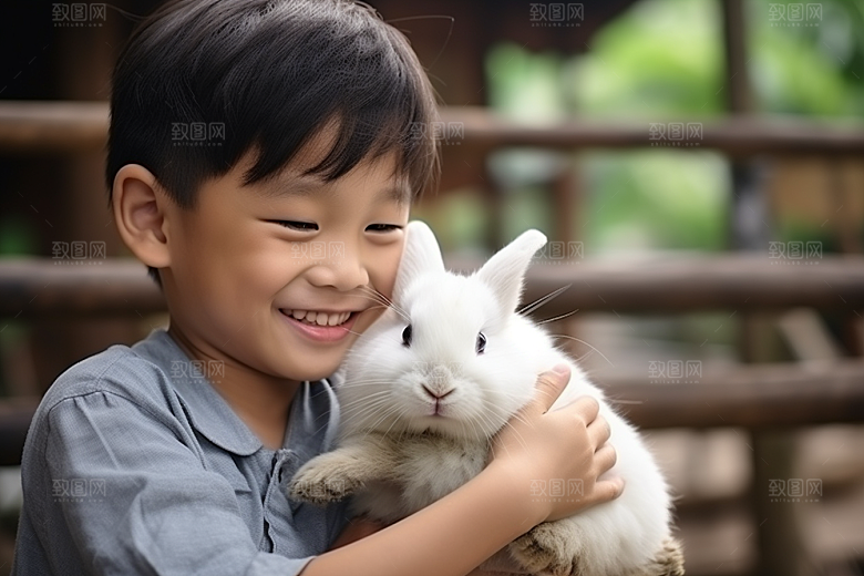 儿童和兔子肖像乡村童趣摄影图