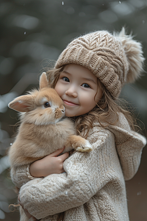 儿童和兔子肖像高清清新摄影图
