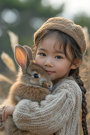 儿童和兔子肖像乡村高清摄影图