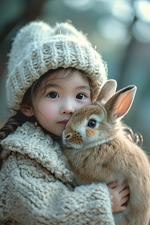 儿童和兔子肖像温馨可爱摄影图