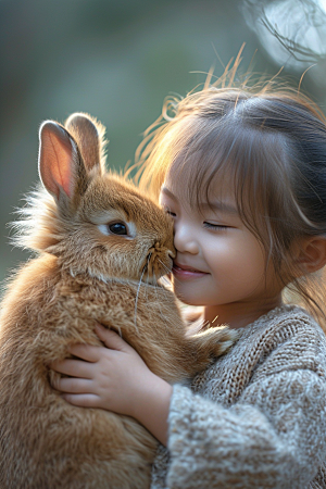 儿童和兔子肖像乡村高清摄影图