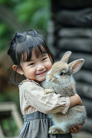 儿童和兔子肖像童年童趣摄影图