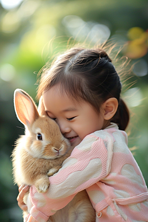 儿童和兔子肖像高清童趣摄影图
