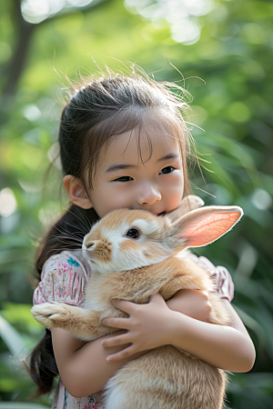 儿童和兔子肖像可爱童年摄影图