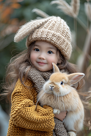 儿童和兔子肖像温馨童趣摄影图