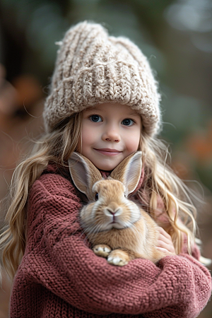 儿童和兔子肖像童年清新摄影图