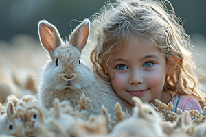 儿童和兔子肖像高清清新摄影图