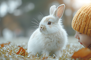 儿童和兔子肖像童年温馨摄影图
