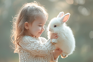 儿童和兔子肖像温馨童趣摄影图
