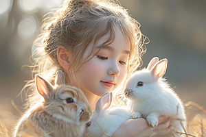 儿童和兔子肖像高清乡村摄影图
