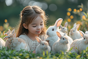 儿童和兔子肖像乡村温馨摄影图