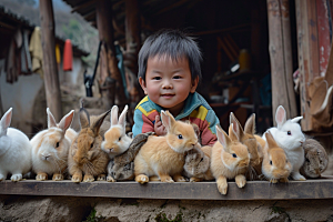 儿童和兔子肖像清新乡村摄影图