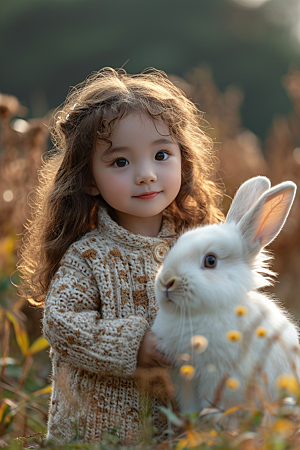 儿童和兔子肖像童年可爱摄影图
