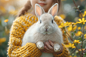 儿童和兔子肖像清新温馨摄影图