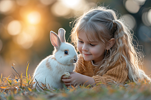 儿童和兔子肖像可爱乡村摄影图