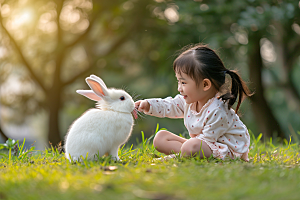 儿童和兔子肖像可爱温馨摄影图