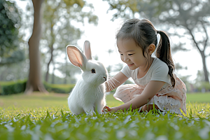 儿童和兔子肖像高清可爱摄影图