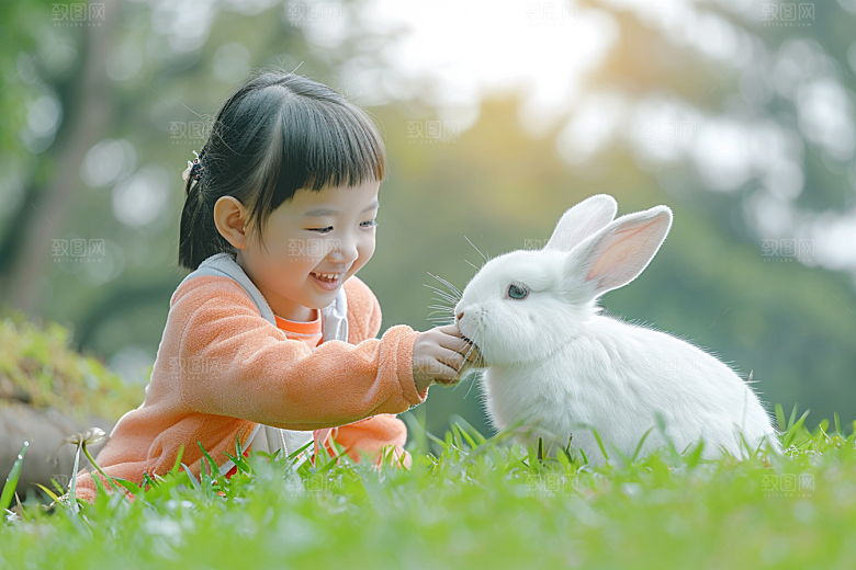 儿童和兔子肖像童趣童年摄影图